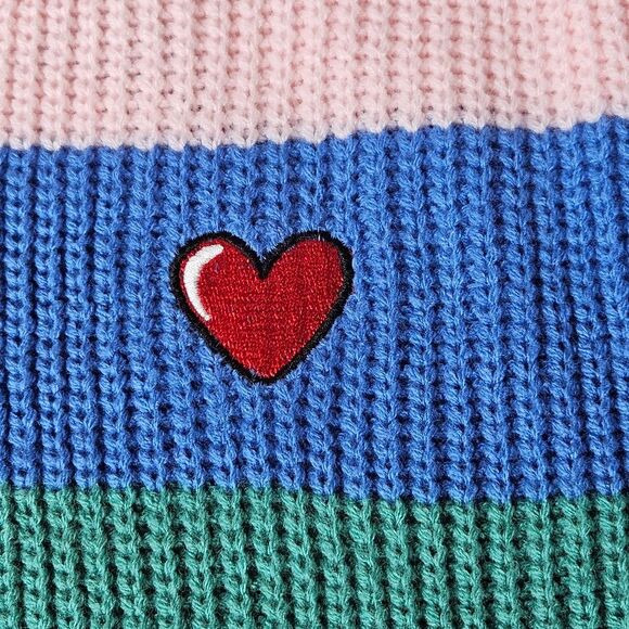 Rainbow Stripe Applique Heart Boring V-Neck Long Sleeve Knit Cardigan Sweater - Picture 6 of 10